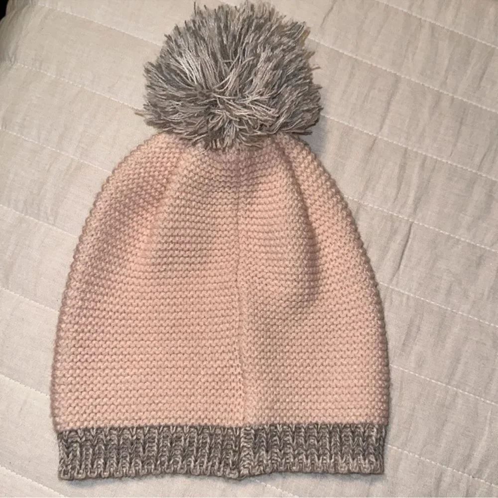 Nautica OS Little Girl Blush Pink Heather Gray Reverse Knit Pom Pom Hat Beanie